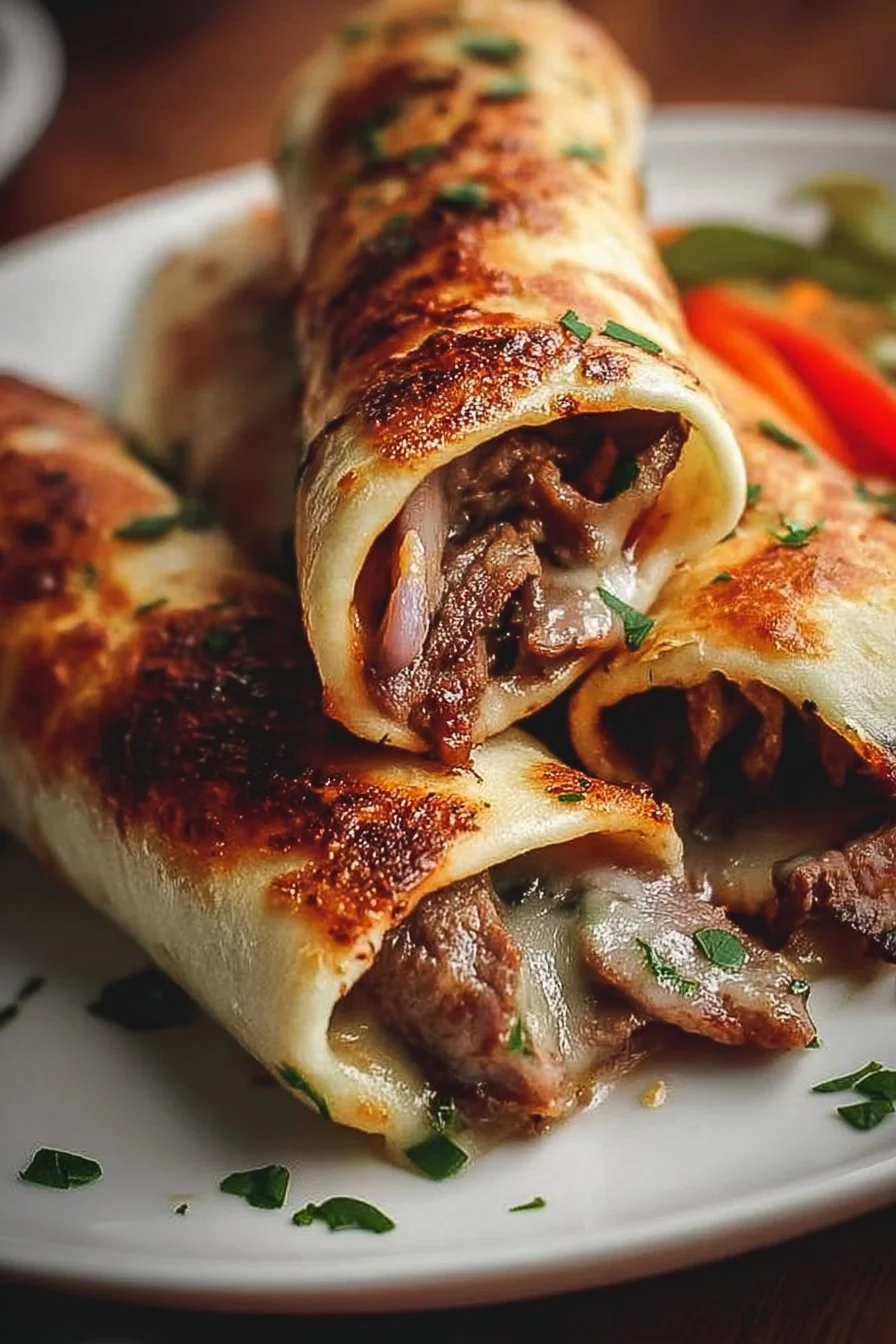 Keto Philly Cheesesteak Roll Ups served on a plate with fresh herbs