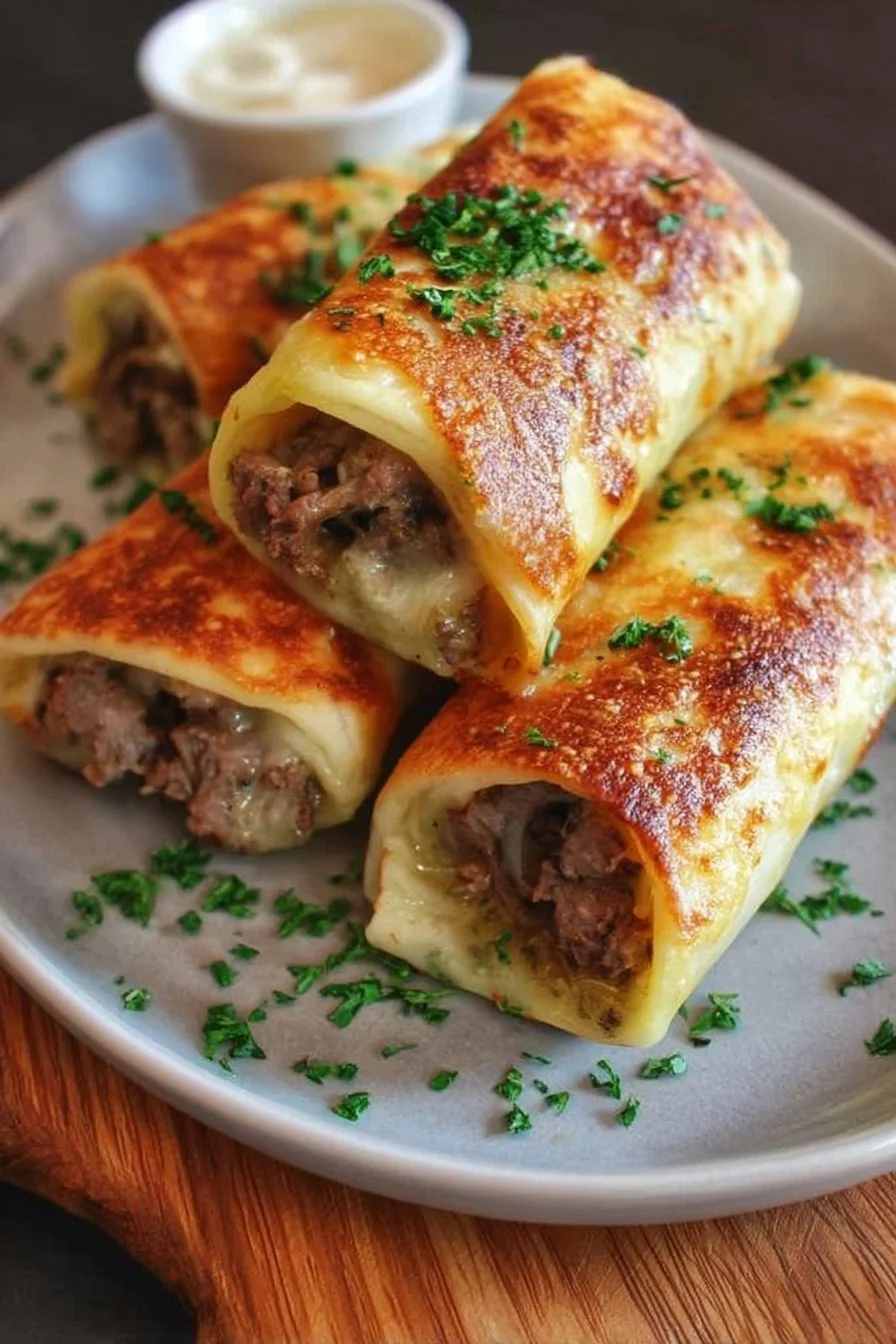 Delicious Keto Philly Cheesesteak Rolls garnished with fresh herbs