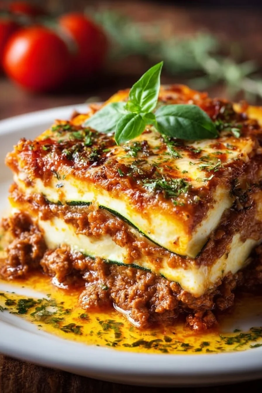 Keto Zucchini Lasagna Delight 3 Delicious Keto Zucchini Lasagna served on a plate with fresh herbs