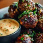 Korean BBQ Meatballs served with a spicy mayo dip on a wooden plate