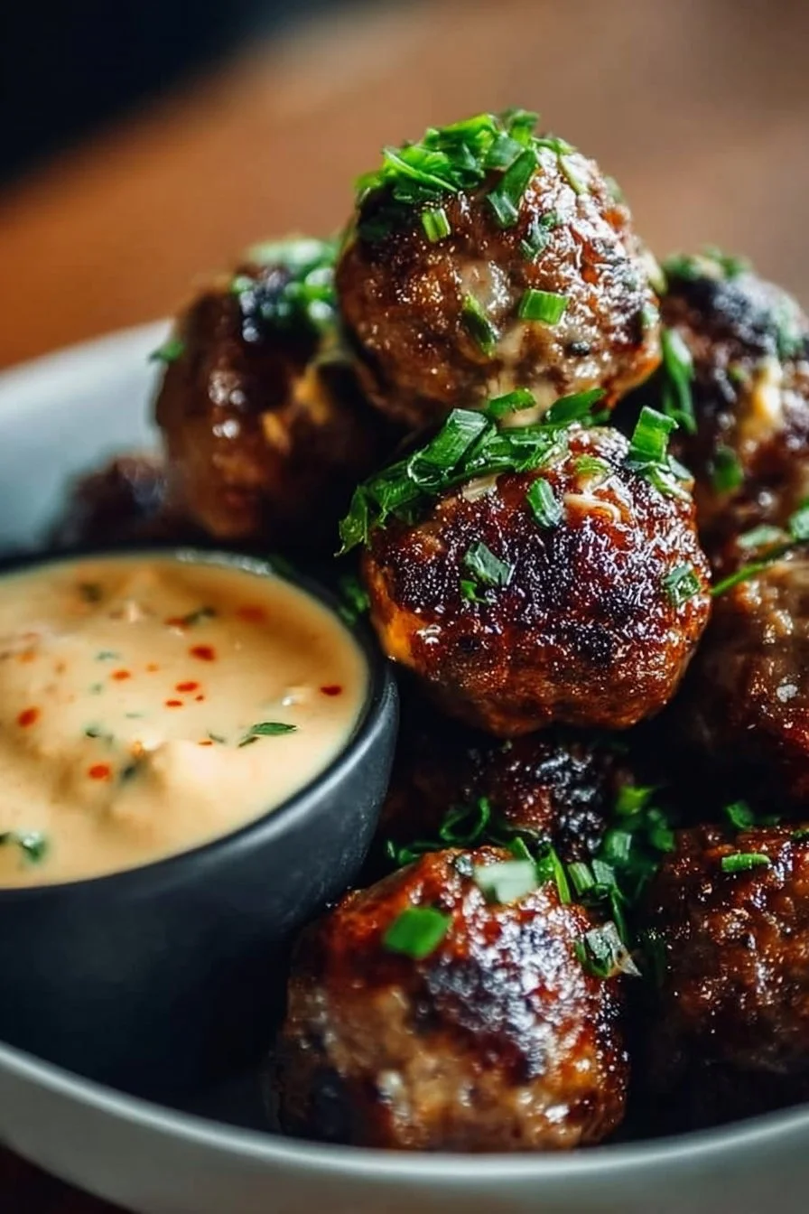 Korean BBQ Meatballs served with a spicy mayo dip on a wooden plate