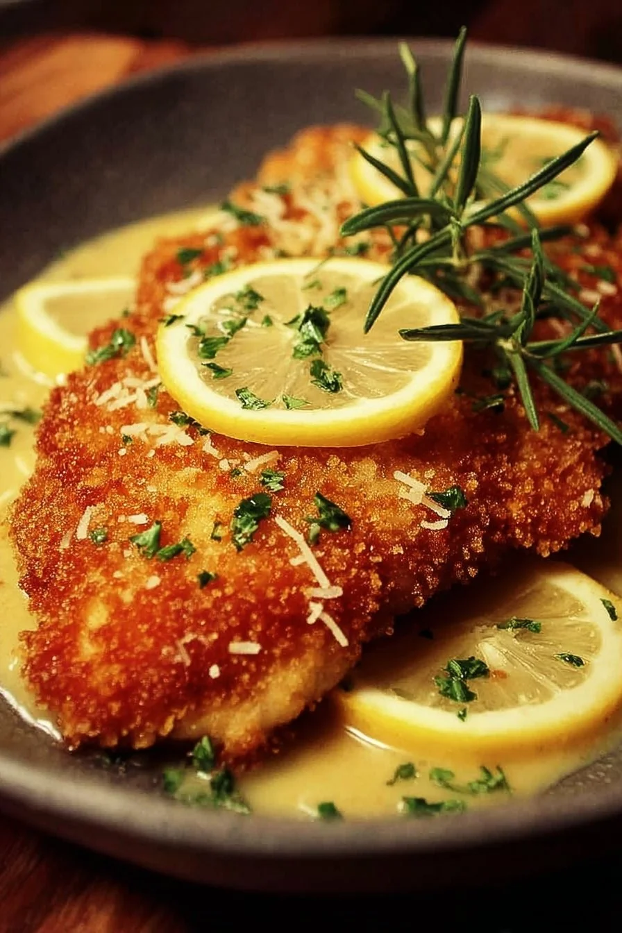 Lemon Pecorino Crusted Chicken on a plate garnished with herbs