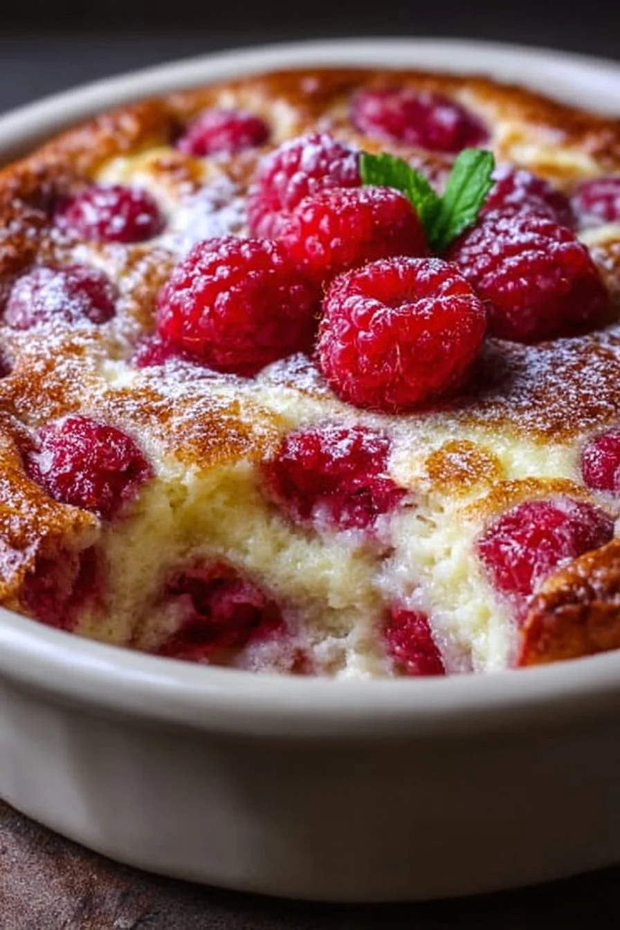 Lemon Raspberry Bake 3 Delicious Lemon Raspberry Bake with a golden crust and fresh berries on top.