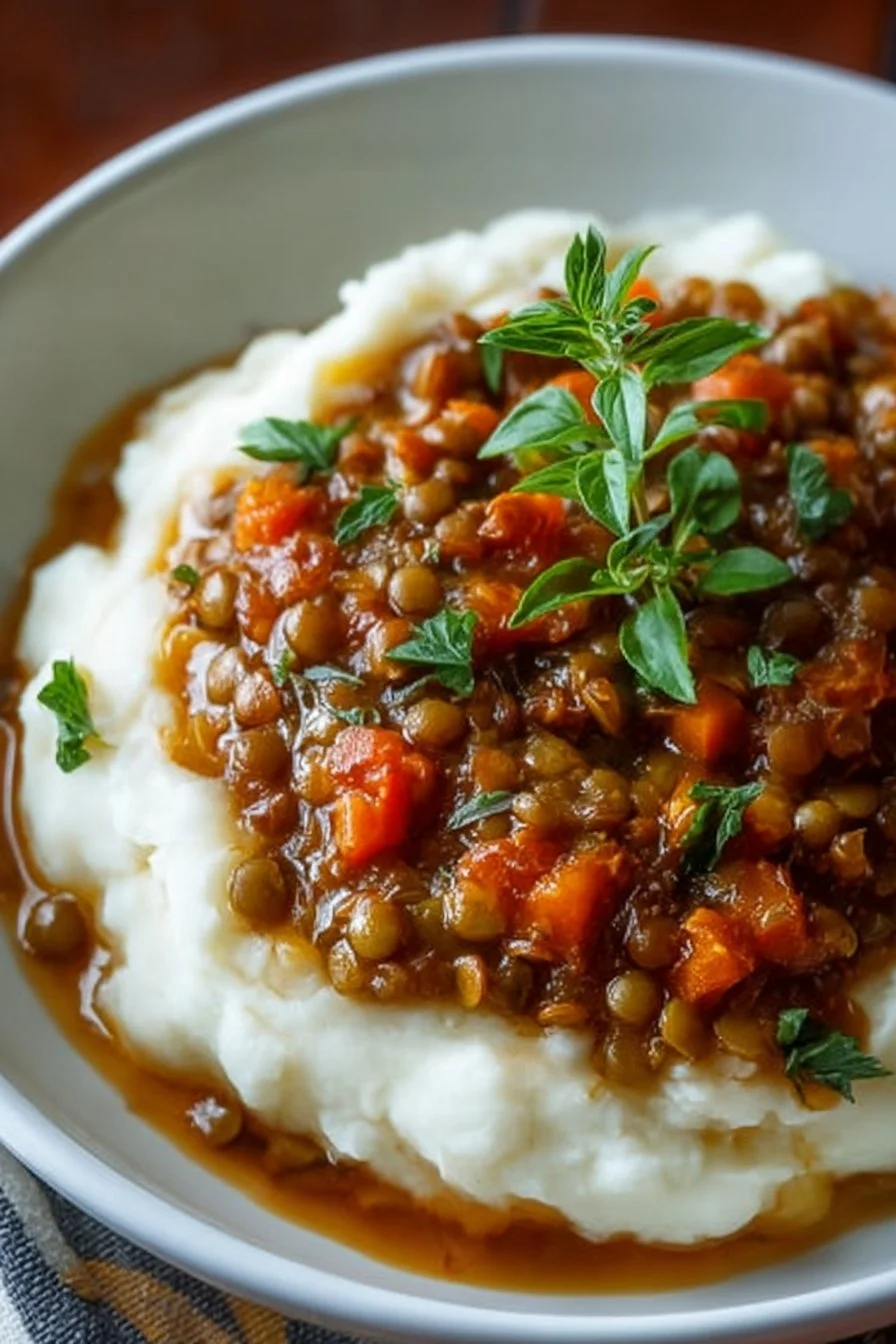 Lentil Stew over Creamy Mashed Potatoes 3 Lentil stew served over creamy mashed potatoes in a bowl