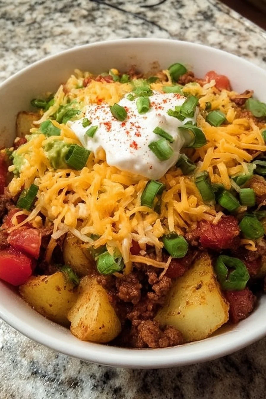 Delicious Loaded Potato Taco Bowl with toppings and ingredients