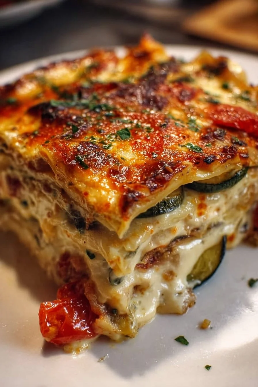 Loaded Veggie White Lasagna with creamy sauce and colorful vegetables.