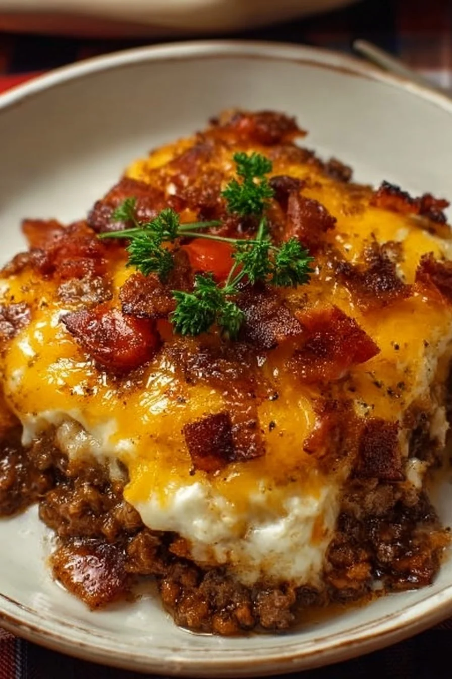Delicious Low-Carb Bacon Cheeseburger Casserole topped with melted cheese.