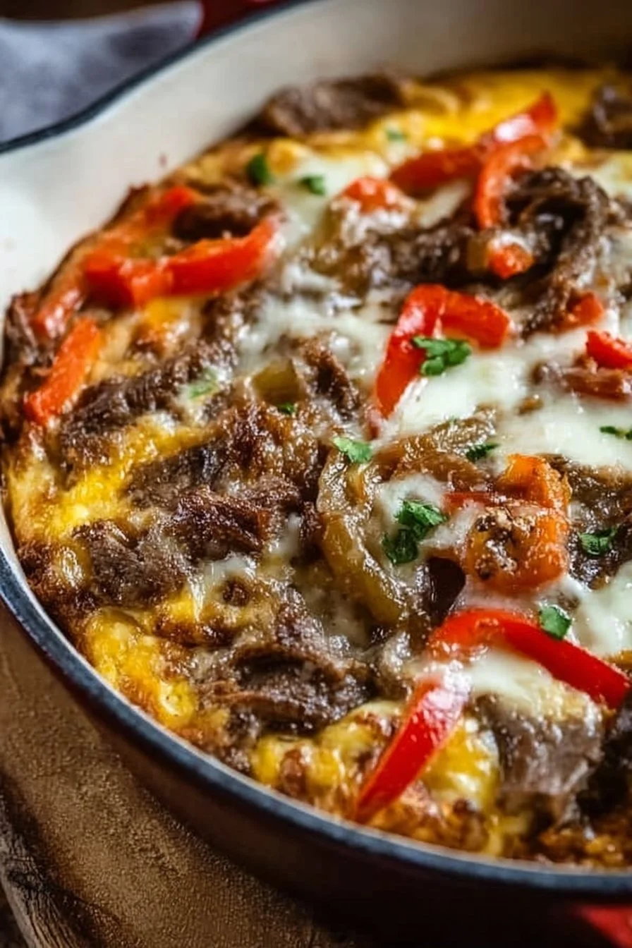 Low Carb Philly Cheesesteak Casserole served in a dish with toppings