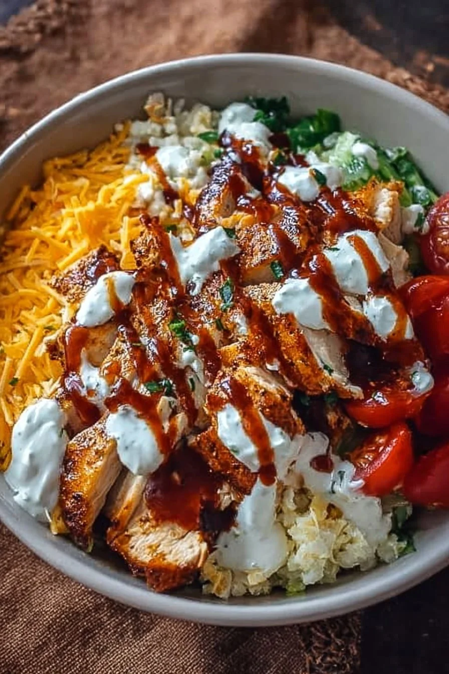 Macro Friendly BBQ Ranch Chicken Bowl with grilled chicken, ranch dressing, and veggies