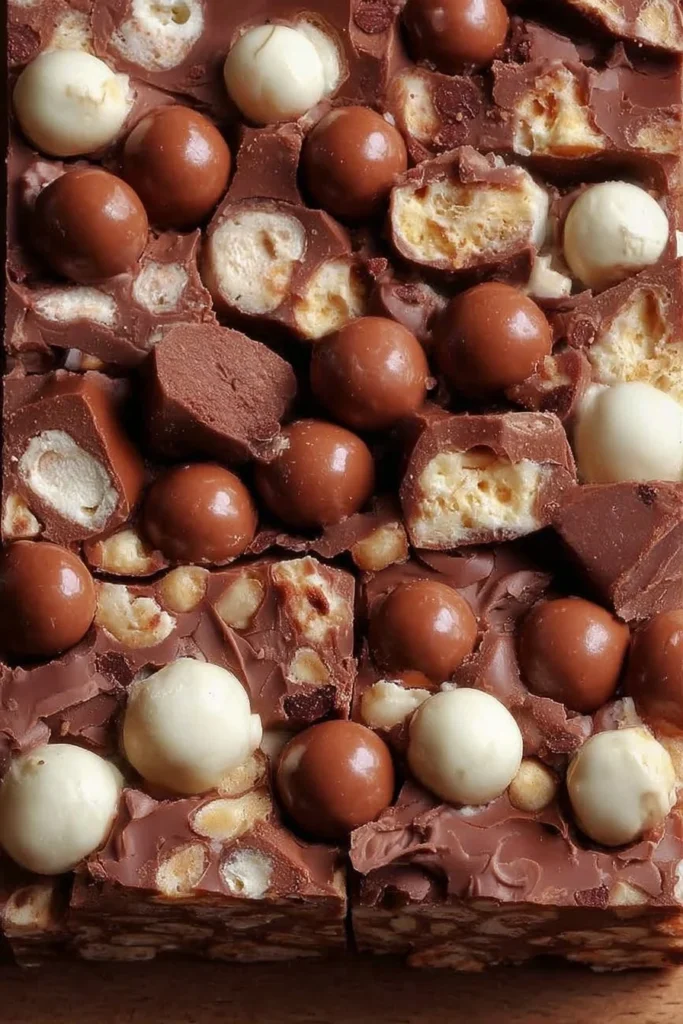 Delicious Maltesers Rocky Road dessert topped with chocolate and marshmallows