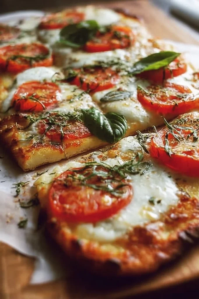 Delicious Margherita flat bread pizza with fresh basil and mozzarella