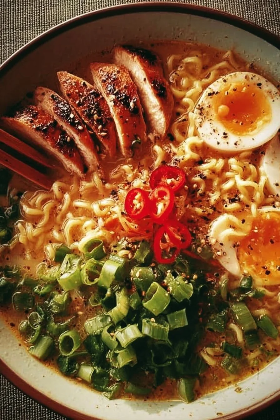 Delicious Marry Me Chicken Ramen in a bowl garnished with herbs and spices.