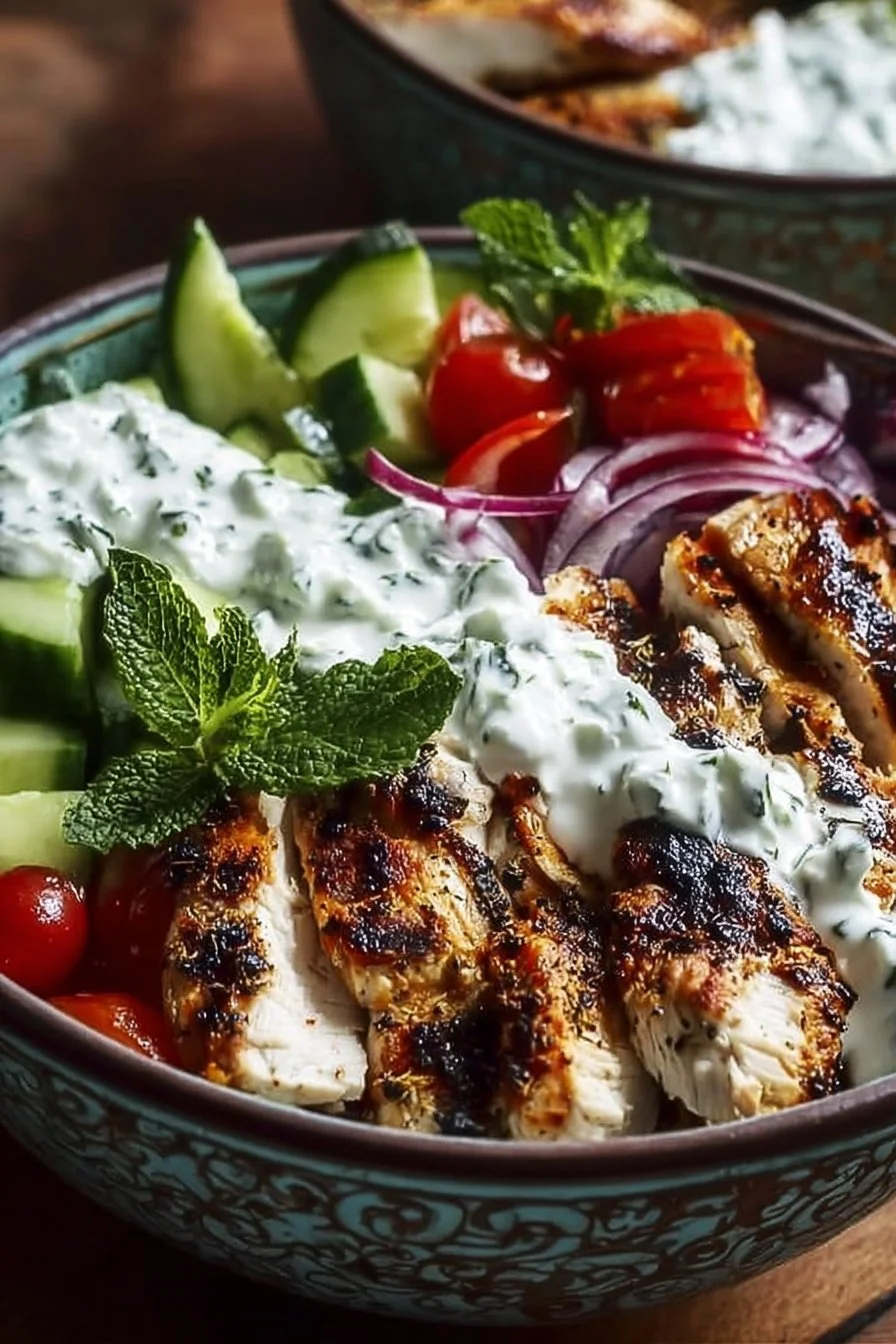 Mediterranean Chicken Tzatziki Bowl with fresh vegetables and herbs