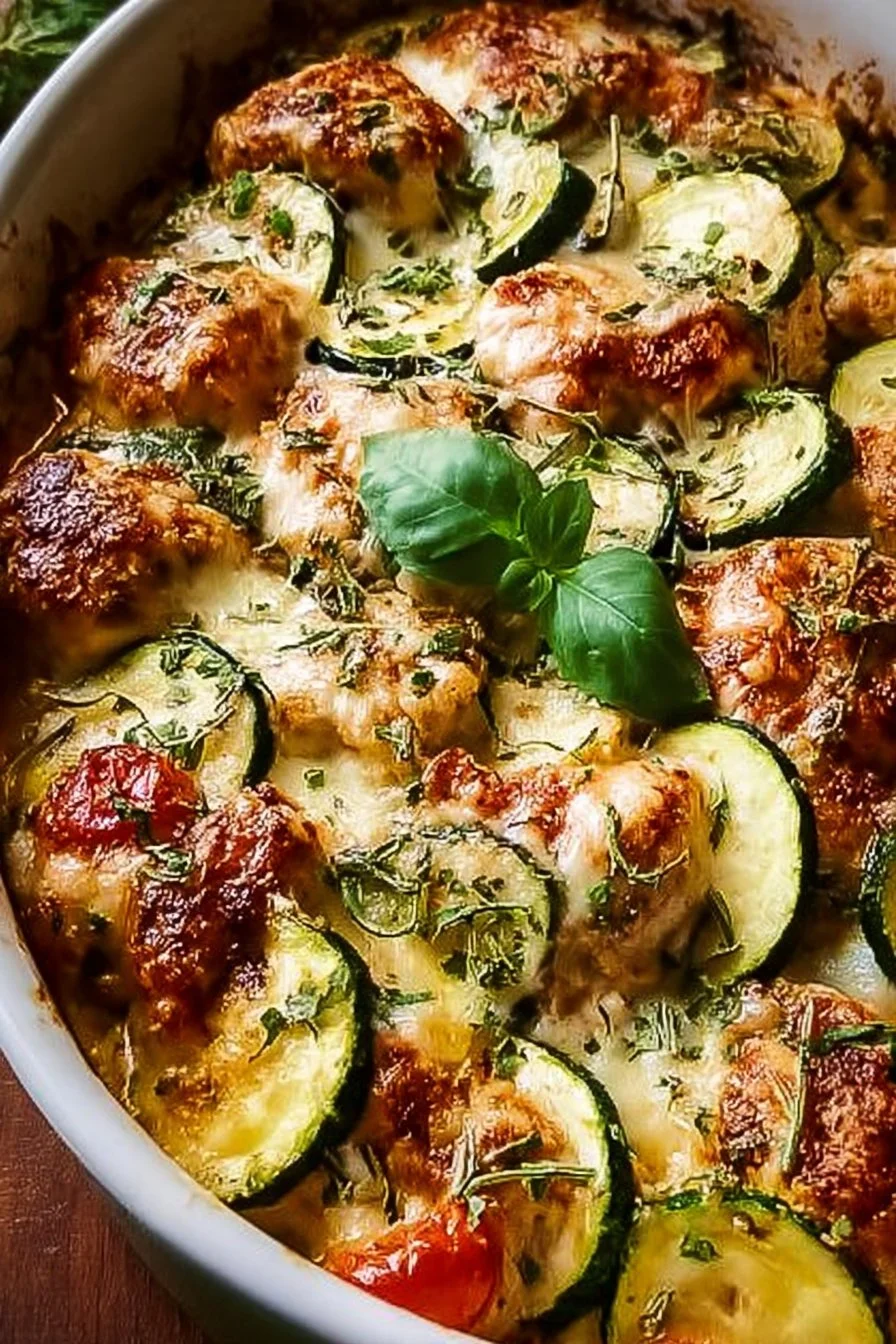 Mediterranean Chicken Zucchini Bake with fresh vegetables and herbs