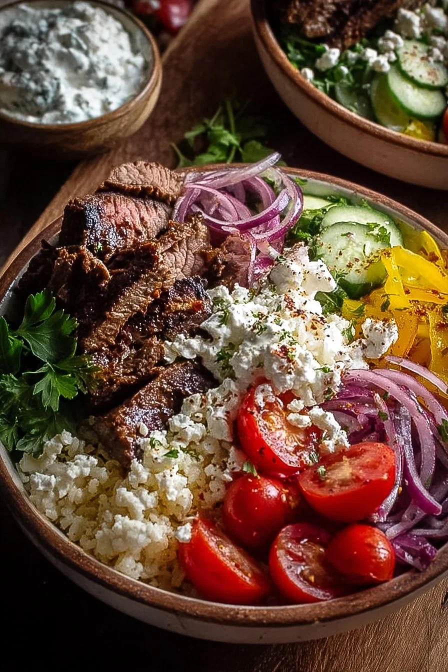 Mediterranean Gyro Bowls 3 Mediterranean gyro bowls filled with fresh vegetables, meats, and sauces