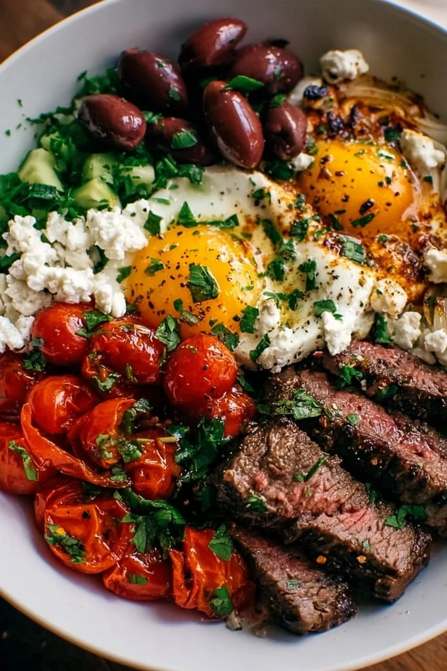 Mediterranean Steak Bowl with grilled steak, vegetables, and sauce