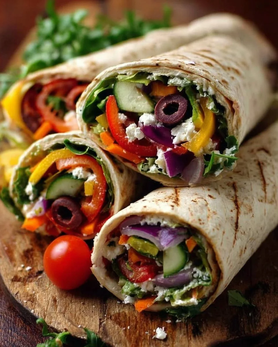 Mediterranean veggie wraps with fresh vegetables and herbs