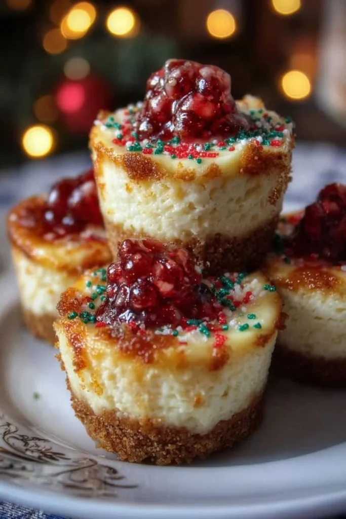 Delicious mini Christmas cheesecakes decorated for holiday celebrations