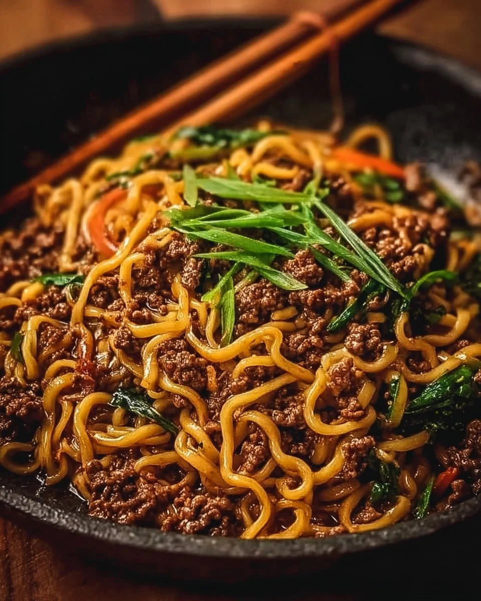 Mongolian Ground Beef Noodles with vegetables and spices in a bowl