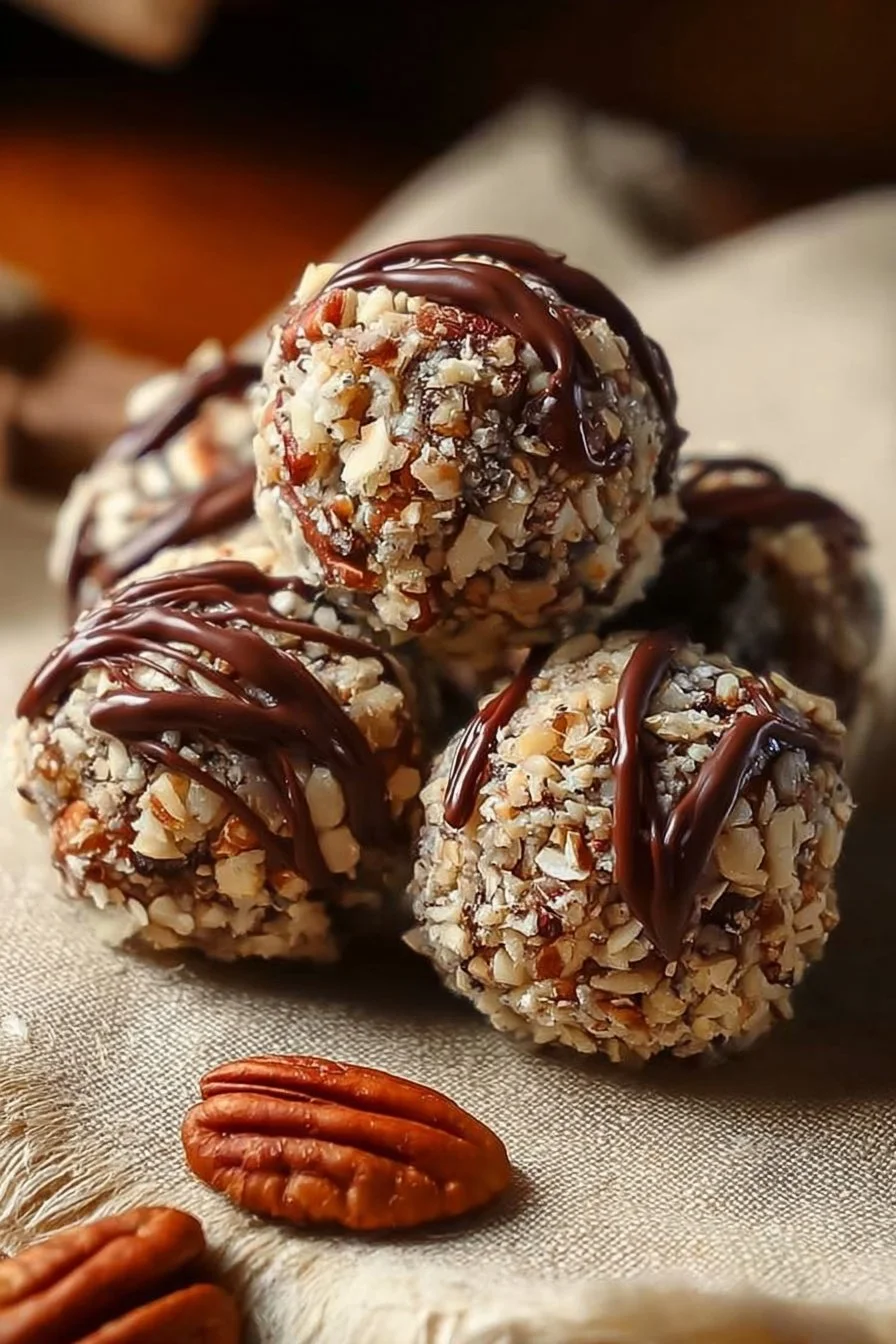 No bake pecan pie balls on a plate with pecans and chocolate drizzle.