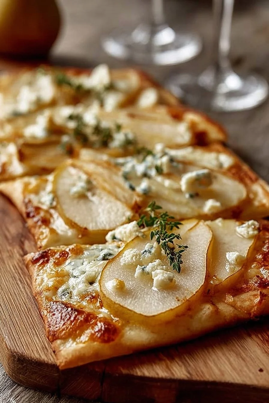 Delicious Pear and Gorgonzola Flatbread with fresh ingredients