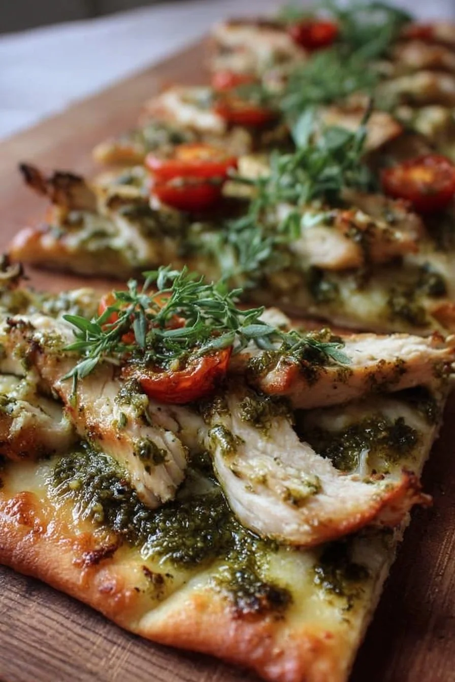 Pesto chicken flatbread topped with fresh herbs and ingredients.