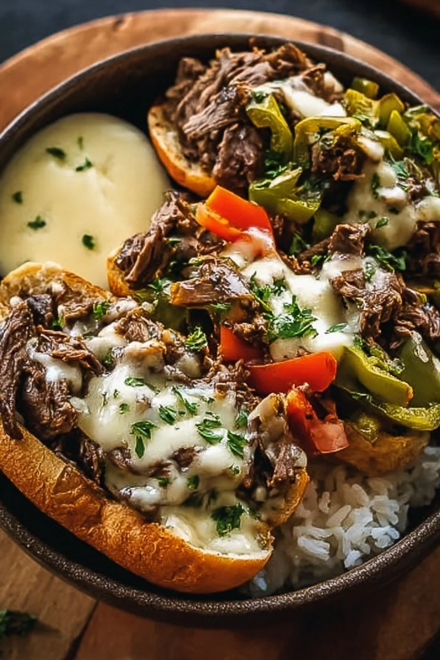 Delicious Philly cheesesteak bowl with beef, peppers, and cheese