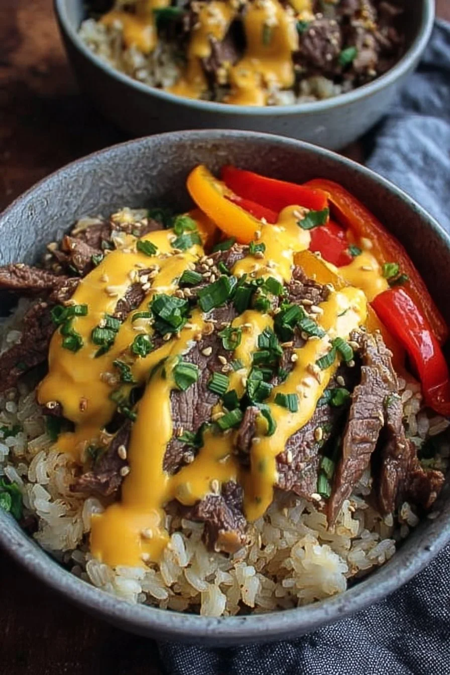 Philly Cheesesteak Rice Bowl topped with cheese and fresh vegetables