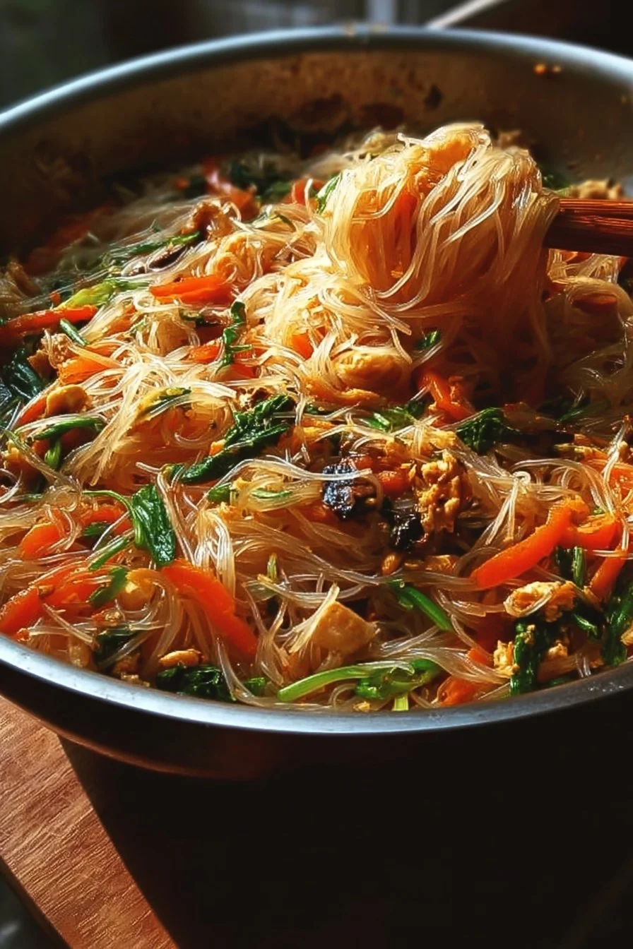 Quick rice noodle stir-fry with colorful vegetables and proteins