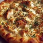 Delicious roasted garlic white chicken pizza with fresh toppings