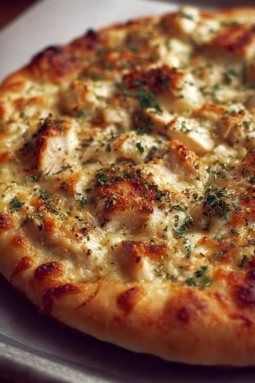 Delicious roasted garlic white chicken pizza with fresh toppings