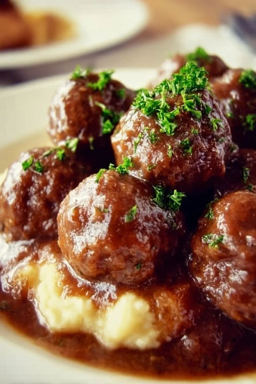 Savory Salisbury steak meatballs served with gravy over mashed potatoes.