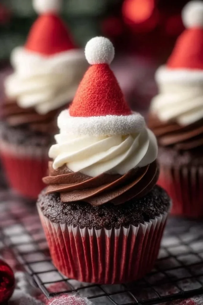 Festive Santa Hat Chocolate Cupcakes decorated with whipped cream and strawberries