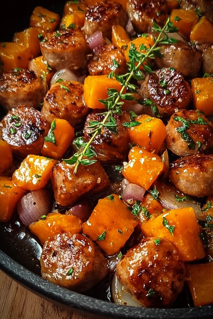 Sausage and sweet potatoes with honey garlic sauce on a plate