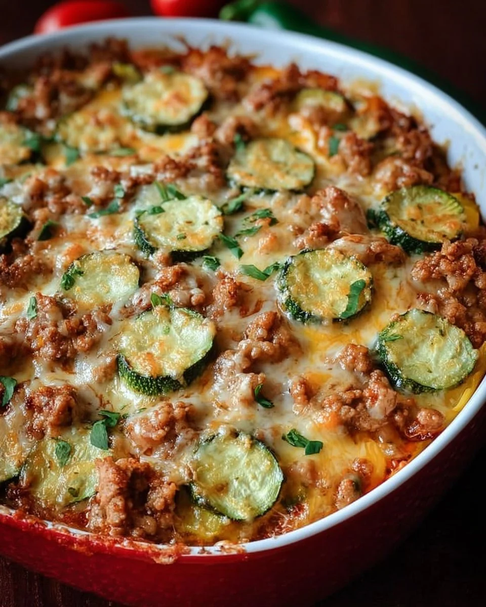 Savory ground turkey zucchini casserole baked in a dish