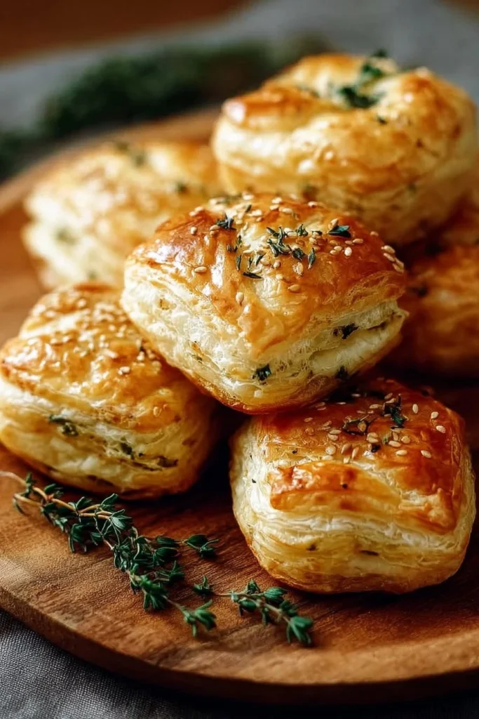 Savory herb and cheese puff pastry bites on a plate.