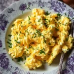 Scrambled eggs with cottage cheese garnished with herbs on a plate