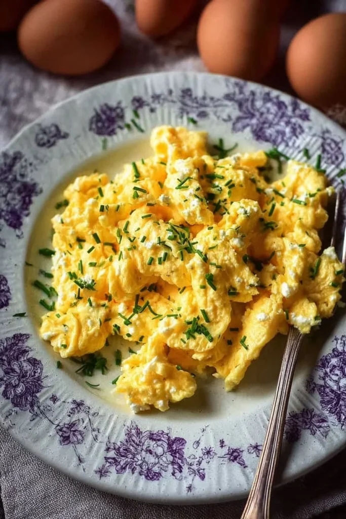 Scrambled eggs with cottage cheese garnished with herbs on a plate