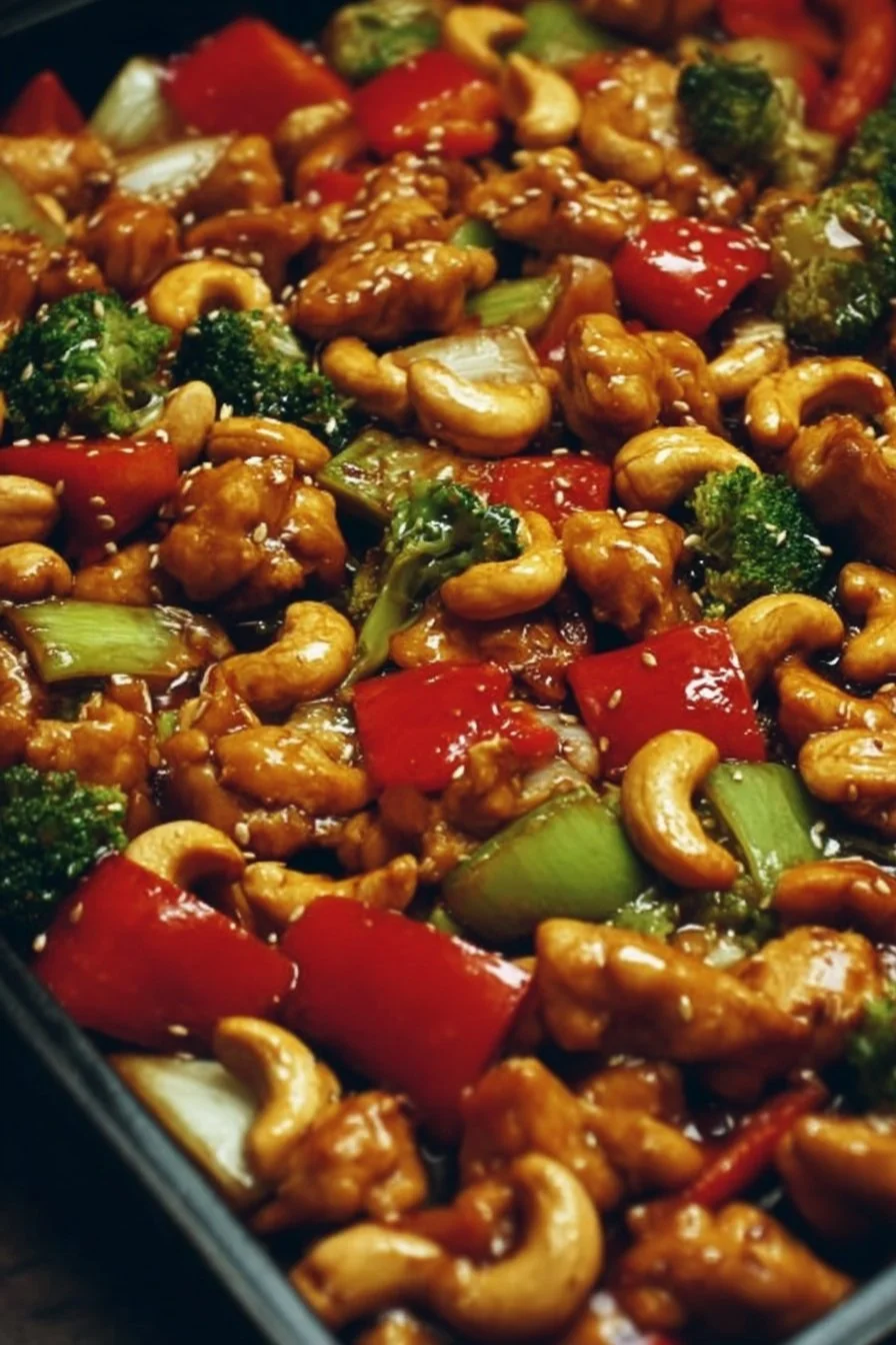 Sheet Pan Cashew Chicken Delight with colorful vegetables and crunchy cashews.