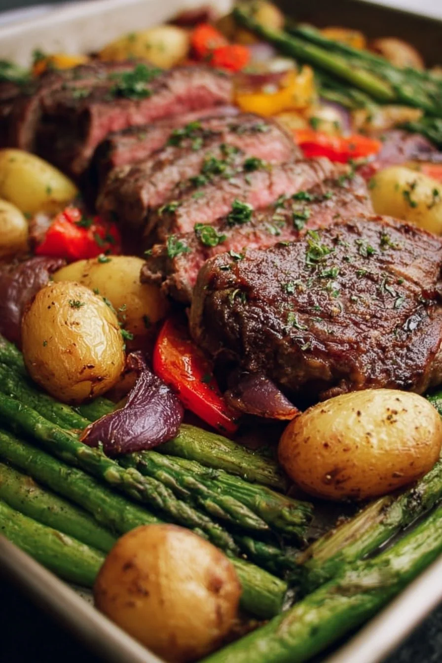 Sheet Pan Steak and Veggies dish on a baking tray ready to serve
