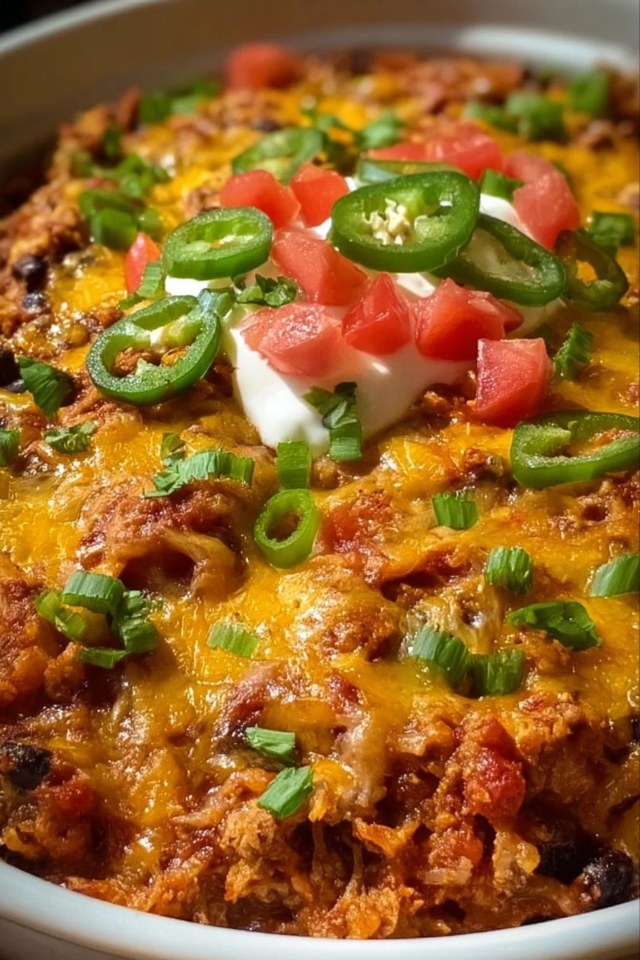 Slow Cooker Taco Casserole 3 Delicious slow cooker taco casserole topped with cheese and fresh garnishes