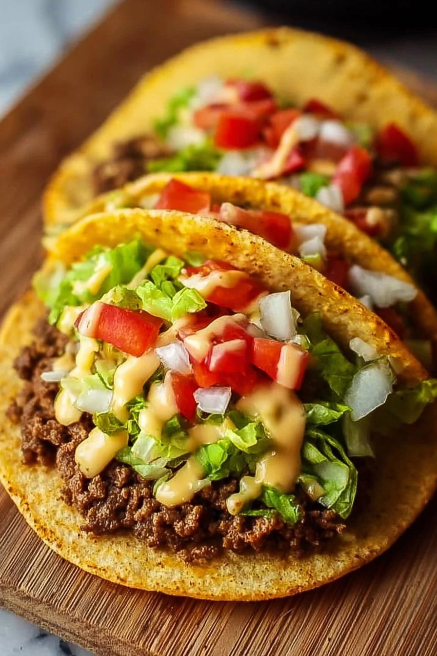 Smash Burger Tacos 3 Delicious Smash Burger Tacos served with fresh toppings