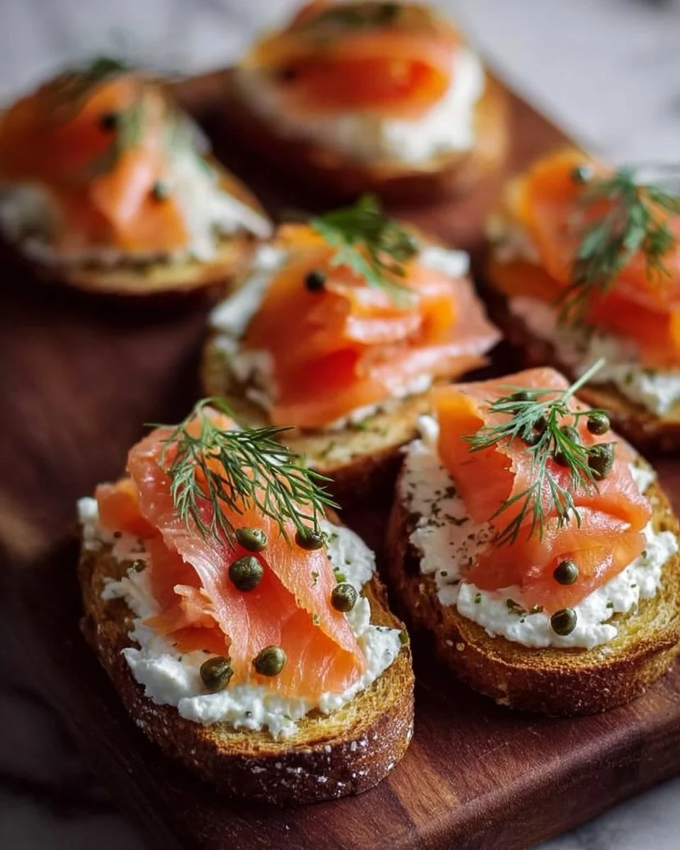 Delicious smoked salmon cottage cheese crostini on a wooden serving board