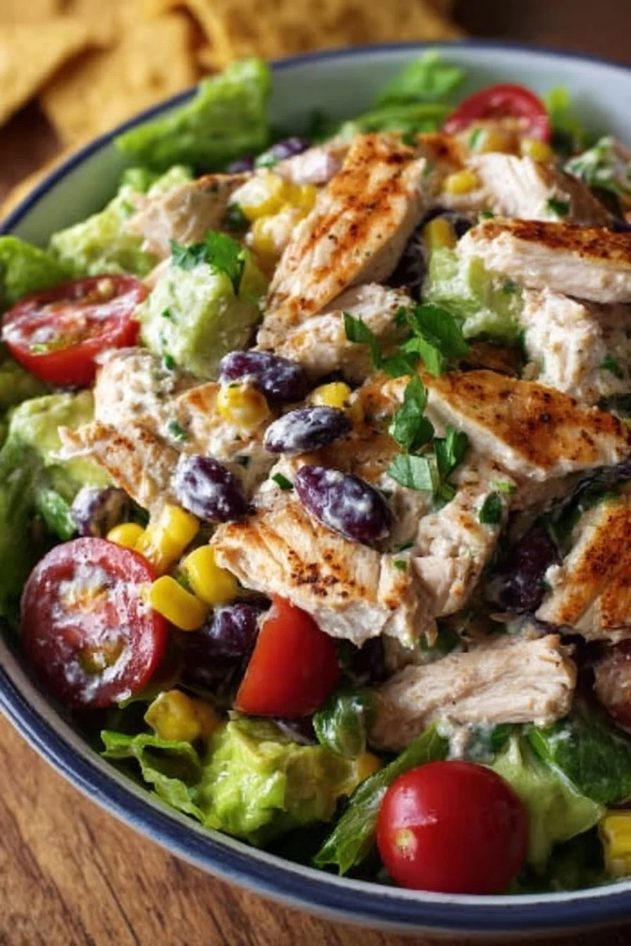 Southwest Chicken Salad 2 Colorful Southwest Chicken Salad with grilled chicken, veggies, and dressing