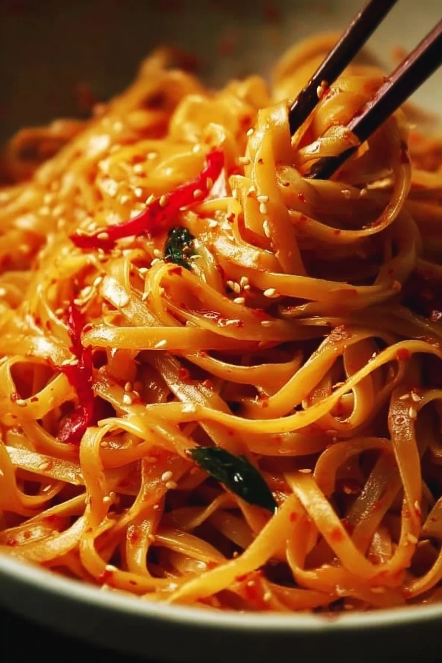 Delicious plate of spicy chili garlic noodles garnished with fresh herbs