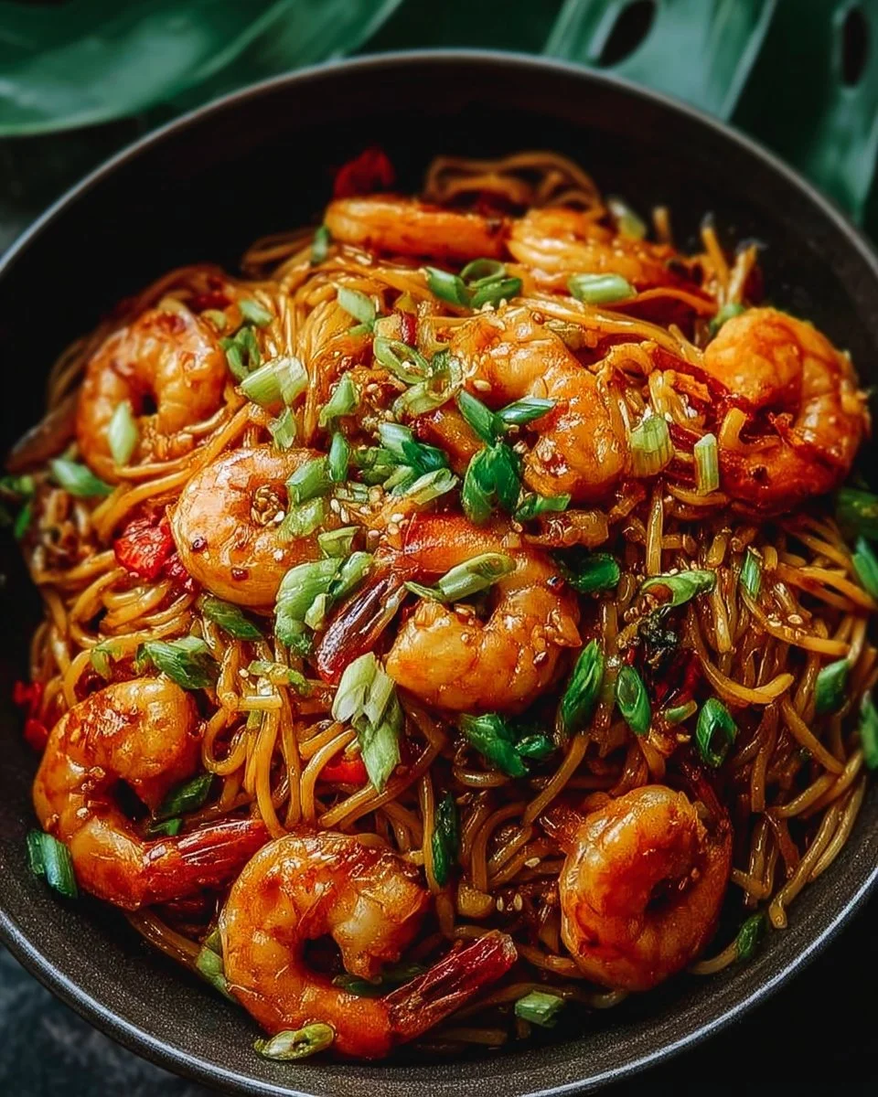 Spicy Szechuan shrimp served with noodles, garnished with fresh herbs