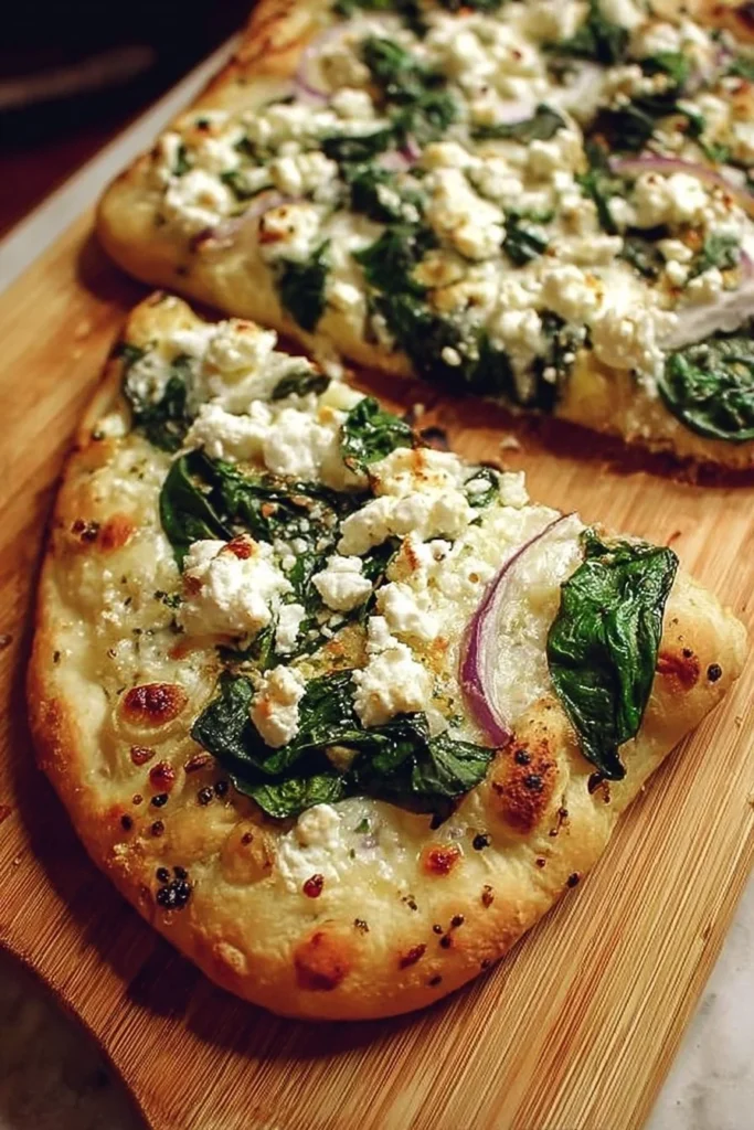 Spinach and feta flatbread pizza topped with fresh ingredients.