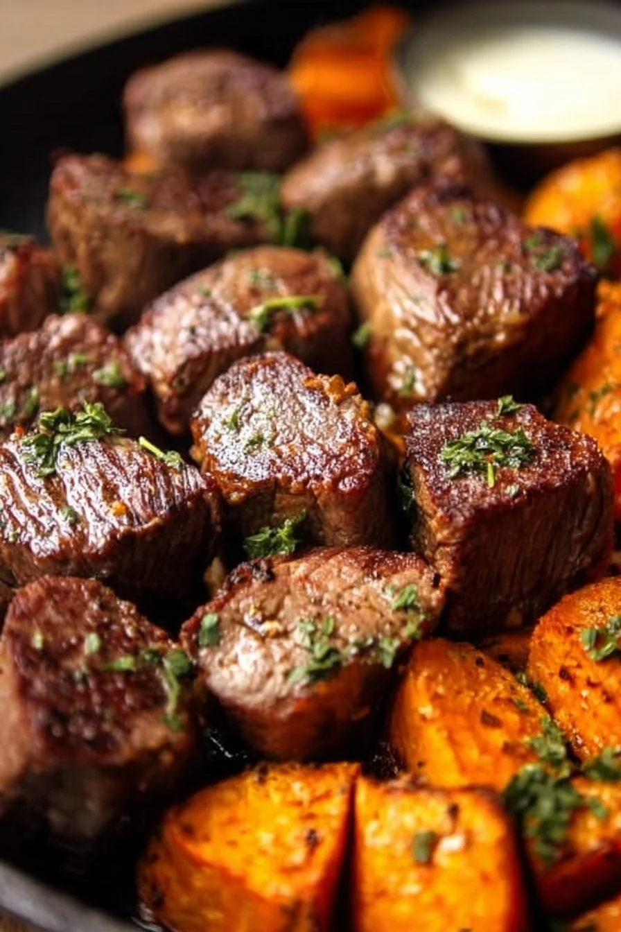 Delicious steak bites served with roasted sweet potatoes