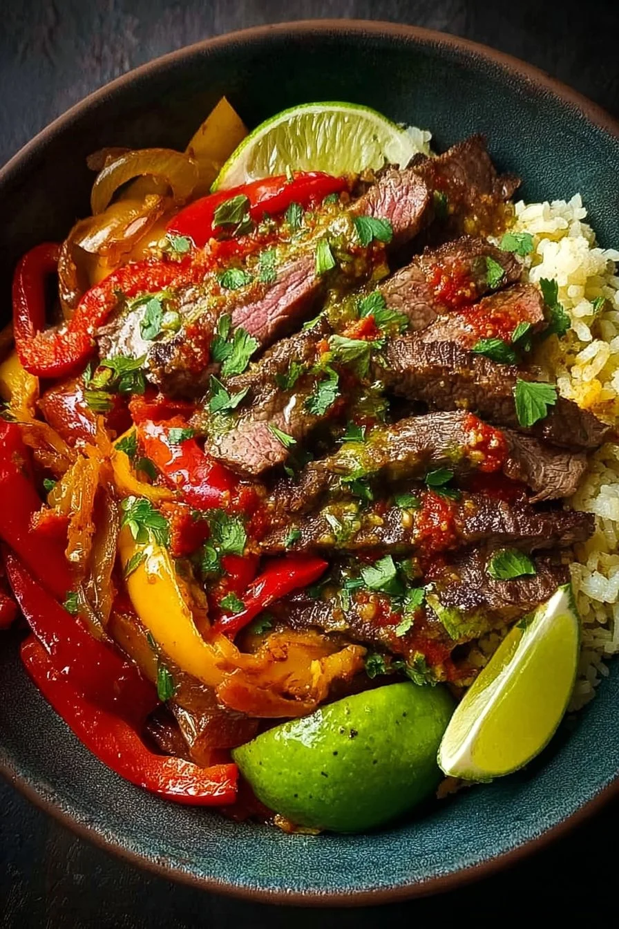Delicious Steak Fajita Bowl with tender steak, fresh peppers, and toppings
