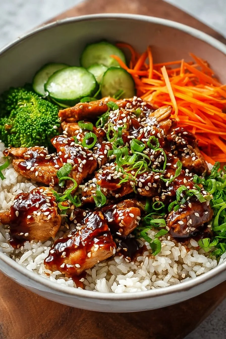 Delicious Sticky Chicken Bowl with fresh vegetables and rice